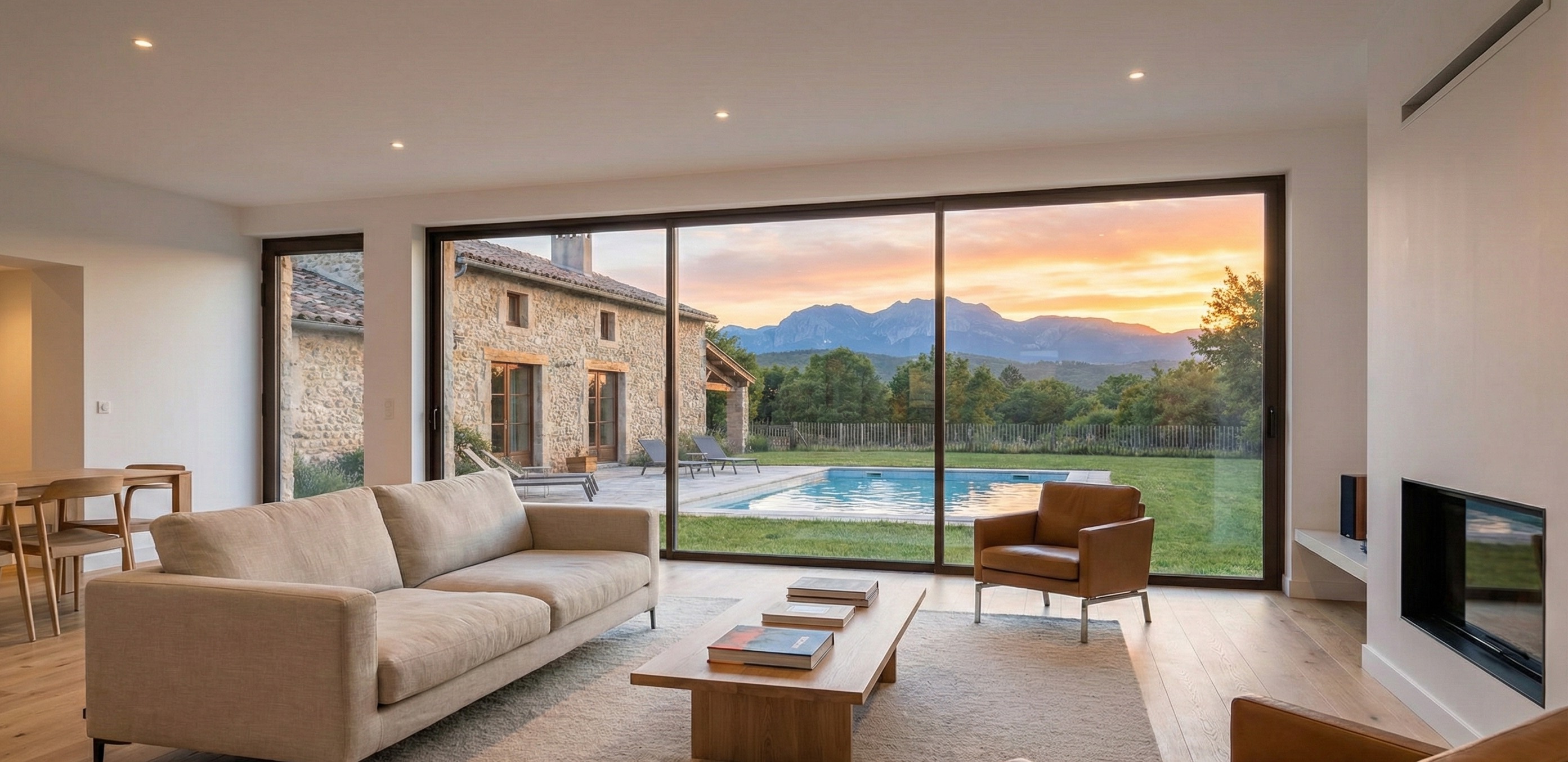 Residência moderna ao entardecer
